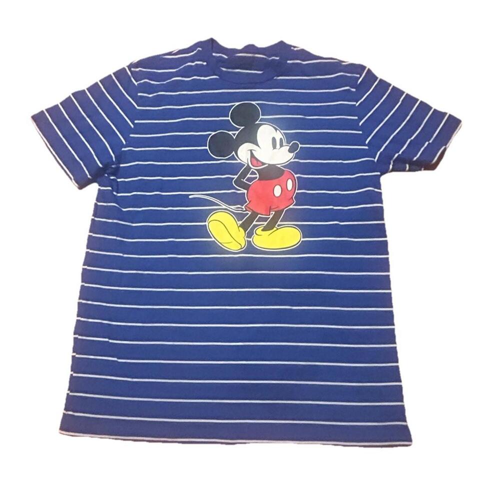 Disney Mickey Mouse T Shirt Mens Large Blue Striped Graphic Tee Classic Cartoon